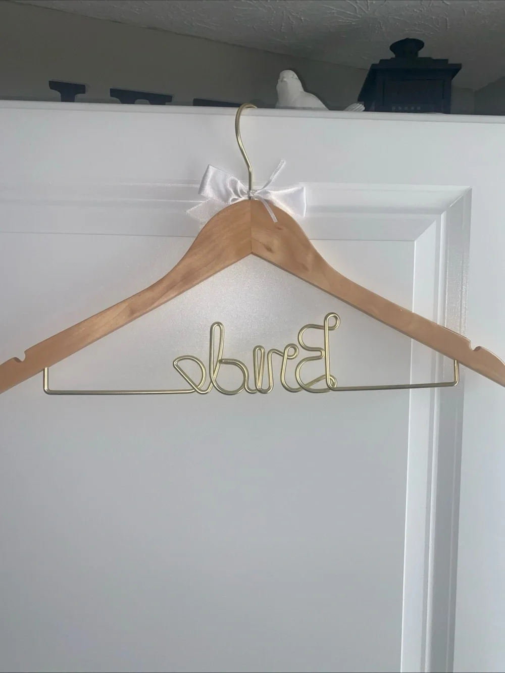 Bride‎ Wedding Day Dress Hanger Wooden Gold metal White bow